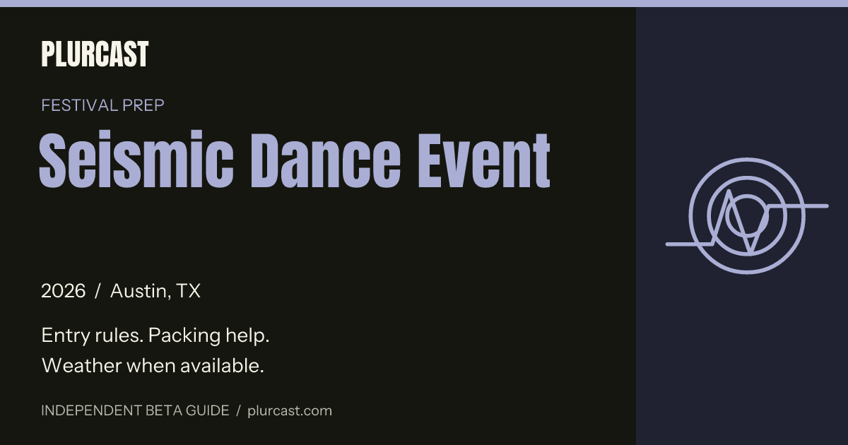 Seismic Dance Event 2026 guide card in the Night pulse treatment. No weather values are shown.